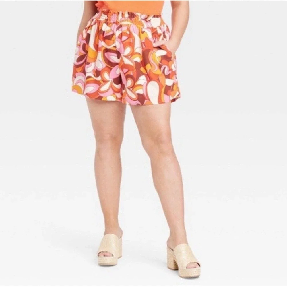 Ava & Viv High Rise Smocked Shorts Womens 2X Orange Pink Retro NWT 021 07 2223